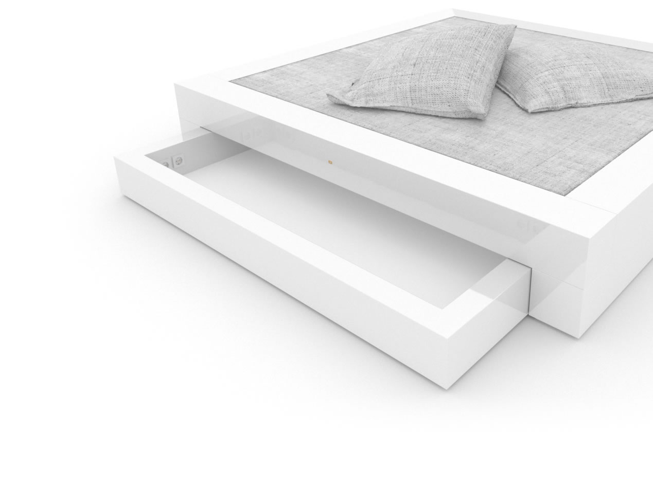 FELIX SCHWAKE BED I I 2 Under Bed Drawers High Gloss White Lacquer Mirror polished Piano Finish Minimalist Bed with Drawers
