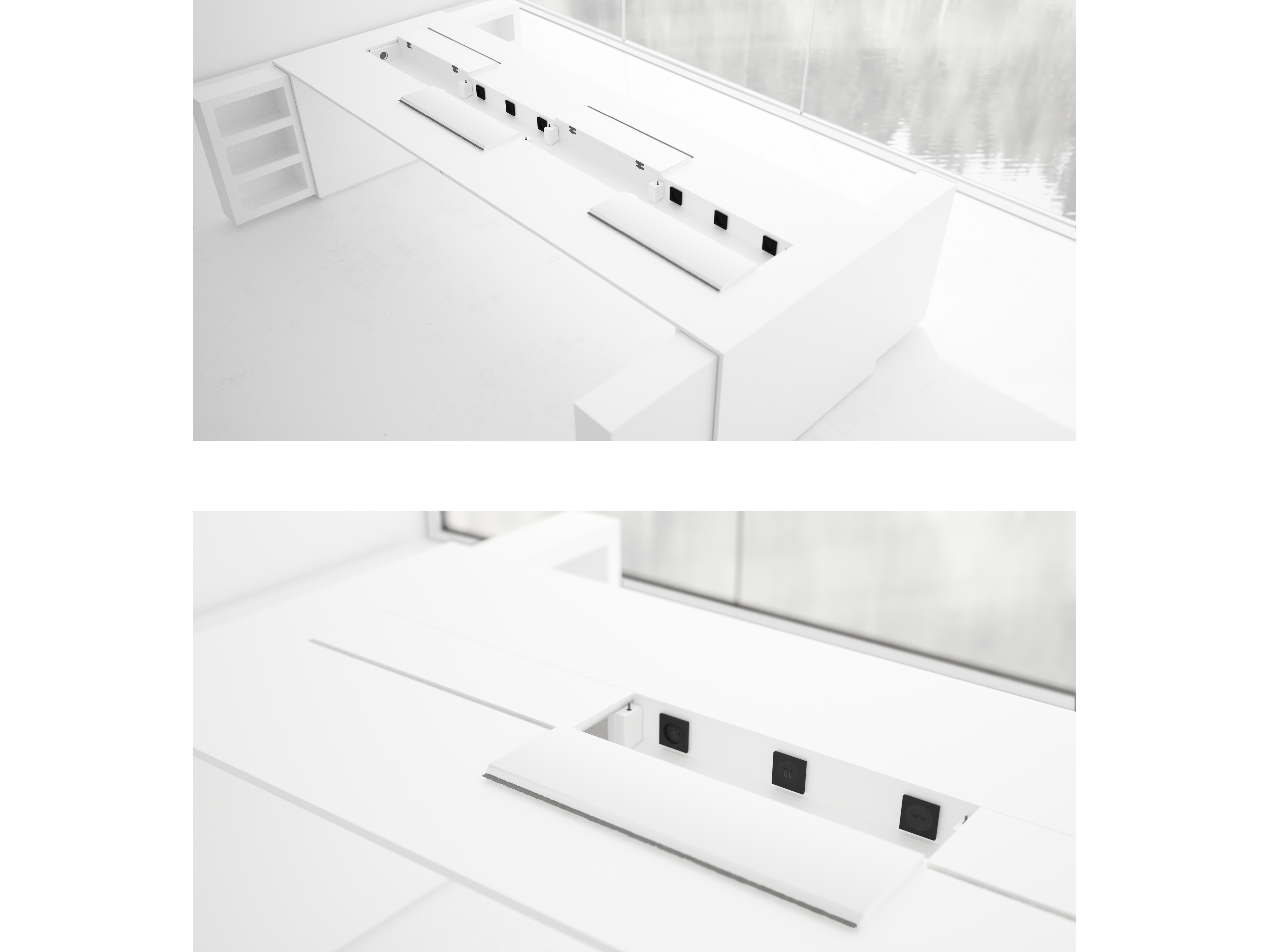 RECHTECK CONFERENCE TABLE I I Exclusive White Meeting Table with Extensible Hifi Shelves